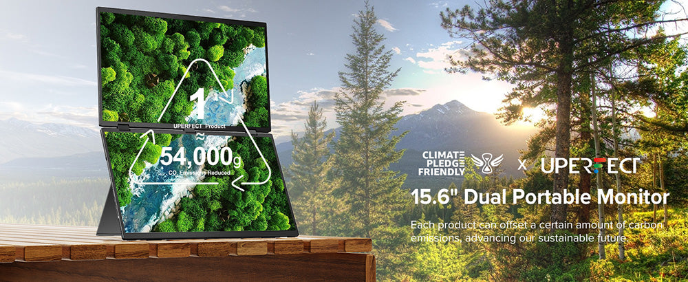 Přenosný skládací monitor UPERFECT Delta 15,6 palce s dvojitou obrazovkou, rozlišení 1920*1080 FHD IPS, obnovovací frekvence 60 Hz, kontrastní poměr 1000:1, 360° skládací, vestavěný reproduktor, vestavěný stojan a možnost montáže VESA, 2* plně funkční porty typu C, 2* mini HDMI – zástrčka EU