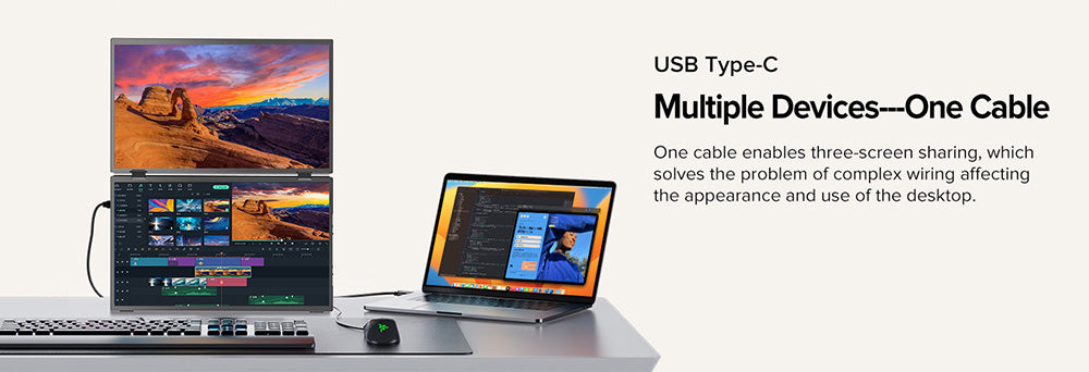 Přenosný skládací monitor UPERFECT Delta 15,6 palce s dvojitou obrazovkou, rozlišení 1920*1080 FHD IPS, obnovovací frekvence 60 Hz, kontrastní poměr 1000:1, 360° skládací, vestavěný reproduktor, vestavěný stojan a možnost montáže VESA, 2* plně funkční porty typu C, 2* mini HDMI – zástrčka EU