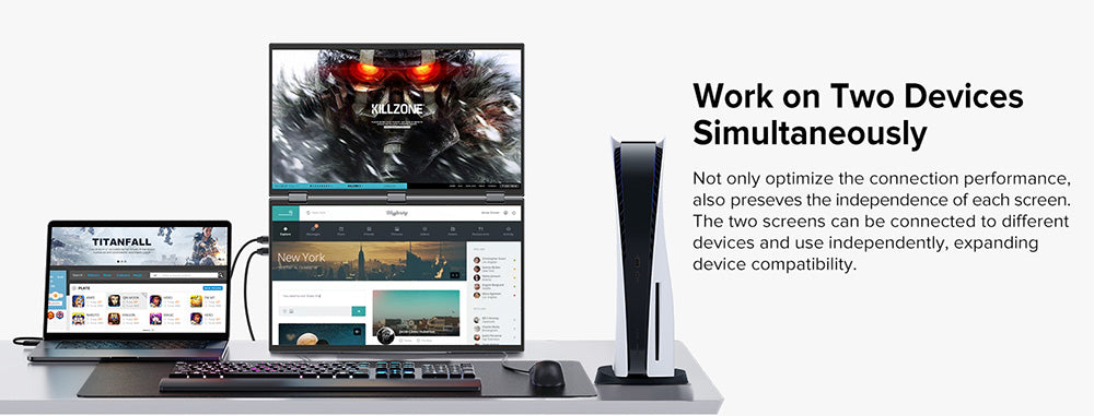 Přenosný skládací monitor UPERFECT Delta 15,6 palce s dvojitou obrazovkou, rozlišení 1920*1080 FHD IPS, obnovovací frekvence 60 Hz, kontrastní poměr 1000:1, 360° skládací, vestavěný reproduktor, vestavěný stojan a možnost montáže VESA, 2* plně funkční porty typu C, 2* mini HDMI – zástrčka EU