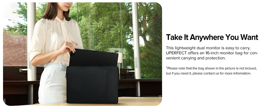 Přenosný skládací monitor UPERFECT Delta 15,6 palce s dvojitou obrazovkou, rozlišení 1920*1080 FHD IPS, obnovovací frekvence 60 Hz, kontrastní poměr 1000:1, 360° skládací, vestavěný reproduktor, vestavěný stojan a možnost montáže VESA, 2* plně funkční porty typu C, 2* mini HDMI – zástrčka EU