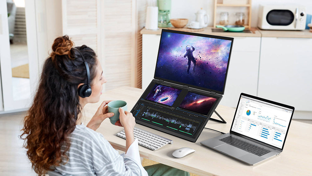 PERFECT Delta Max 18,5palcový přenosný monitor s dvojitou obrazovkou, IPS obrazovka 1920*1080, obnovovací frekvence 100 Hz, 100% sRGB, vestavěný reproduktor, bez ovladače, skládací o 360°, nastavitelný stojan a montáž VESA, prodlužovač obrazovky pro notebook, PC, telefon, herní konzoli - zástrčka EU