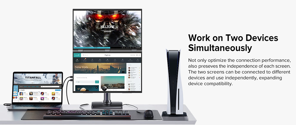 PERFECT Delta Max 18,5palcový přenosný monitor s dvojitou obrazovkou, IPS obrazovka 1920*1080, obnovovací frekvence 100 Hz, 100% sRGB, vestavěný reproduktor, bez ovladače, skládací o 360°, nastavitelný stojan a montáž VESA, prodlužovač obrazovky pro notebook, PC, telefon, herní konzoli - zástrčka EU