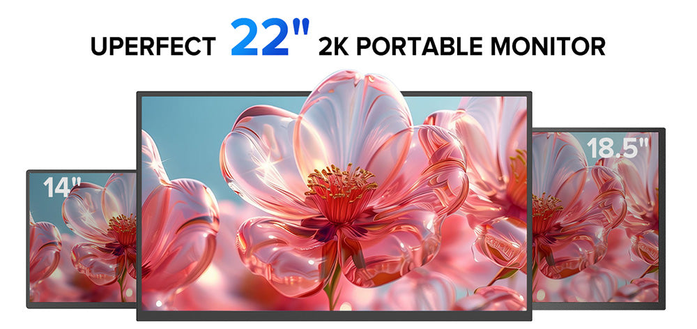 PERFECT UMax22 22palcový přenosný monitor, obnovovací frekvence 60 Hz, IPS obrazovka 2560*1440, 100% sRGB, FreeSync, vestavěné reproduktory, bez ovladačů, HDR, nízká hladina modrého světla, 180° nastavitelný stojan, 2*USB-C, 1*Mini HDMI, 1*Micro USB-B OTG, 1*Audio Jack - EU zástrčka