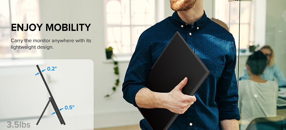 PERFECT UMax22 22palcový přenosný monitor, obnovovací frekvence 60 Hz, IPS obrazovka 2560*1440, 100% sRGB, FreeSync, vestavěné reproduktory, bez ovladačů, HDR, nízká hladina modrého světla, 180° nastavitelný stojan, 2*USB-C, 1*Mini HDMI, 1*Micro USB-B OTG, 1*Audio Jack - EU zástrčka