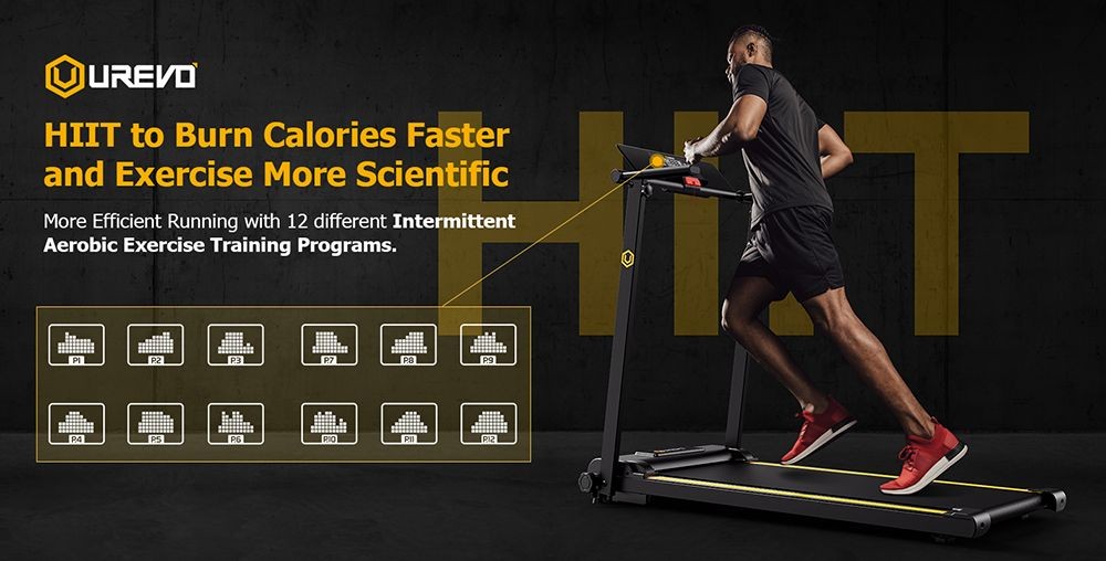 UREVO URTM006 Skládací mini běžecký pás, maximální rychlost 1–10 km/h, běžecká plocha 105*40 cm, maximální nosnost 100 kg, 12 vestavěných HIIT programů