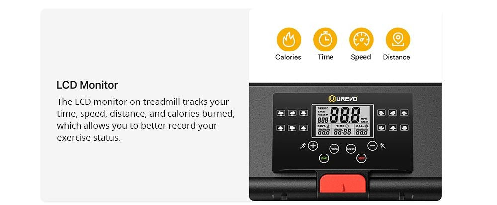 UREVO URTM006 Skládací mini běžecký pás, maximální rychlost 1–10 km/h, běžecká plocha 105*40 cm, maximální nosnost 100 kg, 12 vestavěných HIIT programů