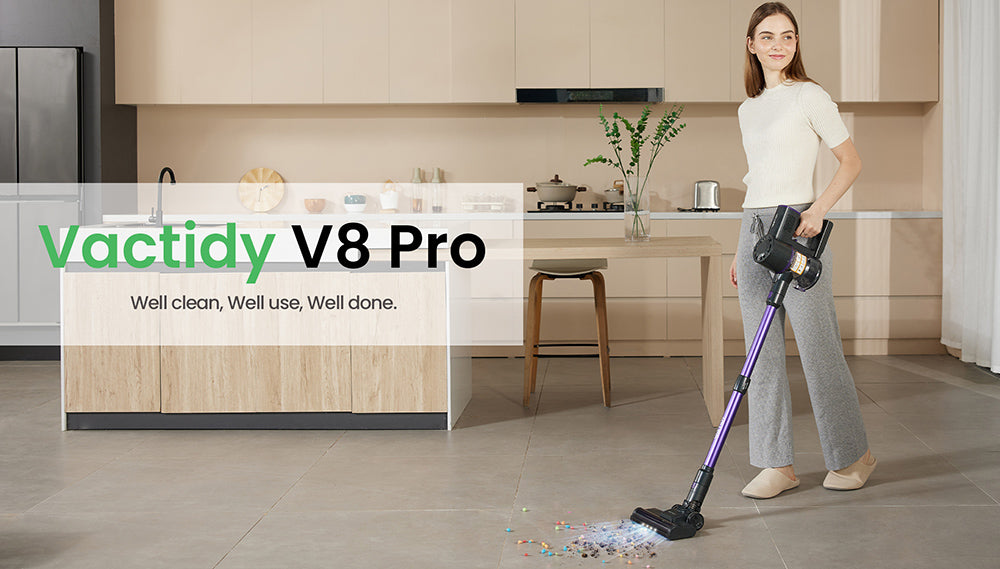 Bezdrátový vysavač Vactidy V8 Pro, výkonný sací tlak 25 kPa, cyklónový filtrační systém, nádobka na prach o objemu 500 ml, dotykový LED displej, otočná kartáčová hlava o 180°, doba provozu 35 minut, samostatně stojící konstrukce