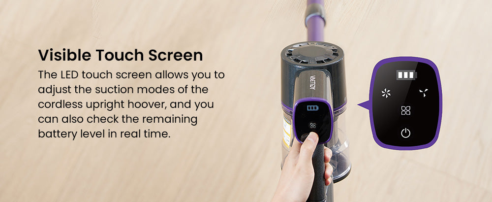 Bezdrátový vysavač Vactidy V8 Pro, výkonný sací tlak 25 kPa, cyklónový filtrační systém, nádobka na prach o objemu 500 ml, dotykový LED displej, otočná kartáčová hlava o 180°, doba provozu 35 minut, samostatně stojící konstrukce