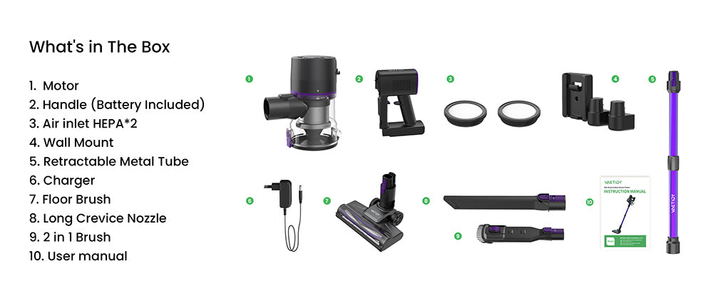 Bezdrátový vysavač Vactidy V8 Pro, výkonný sací tlak 25 kPa, cyklónový filtrační systém, nádobka na prach o objemu 500 ml, dotykový LED displej, otočná kartáčová hlava o 180°, doba provozu 35 minut, samostatně stojící konstrukce