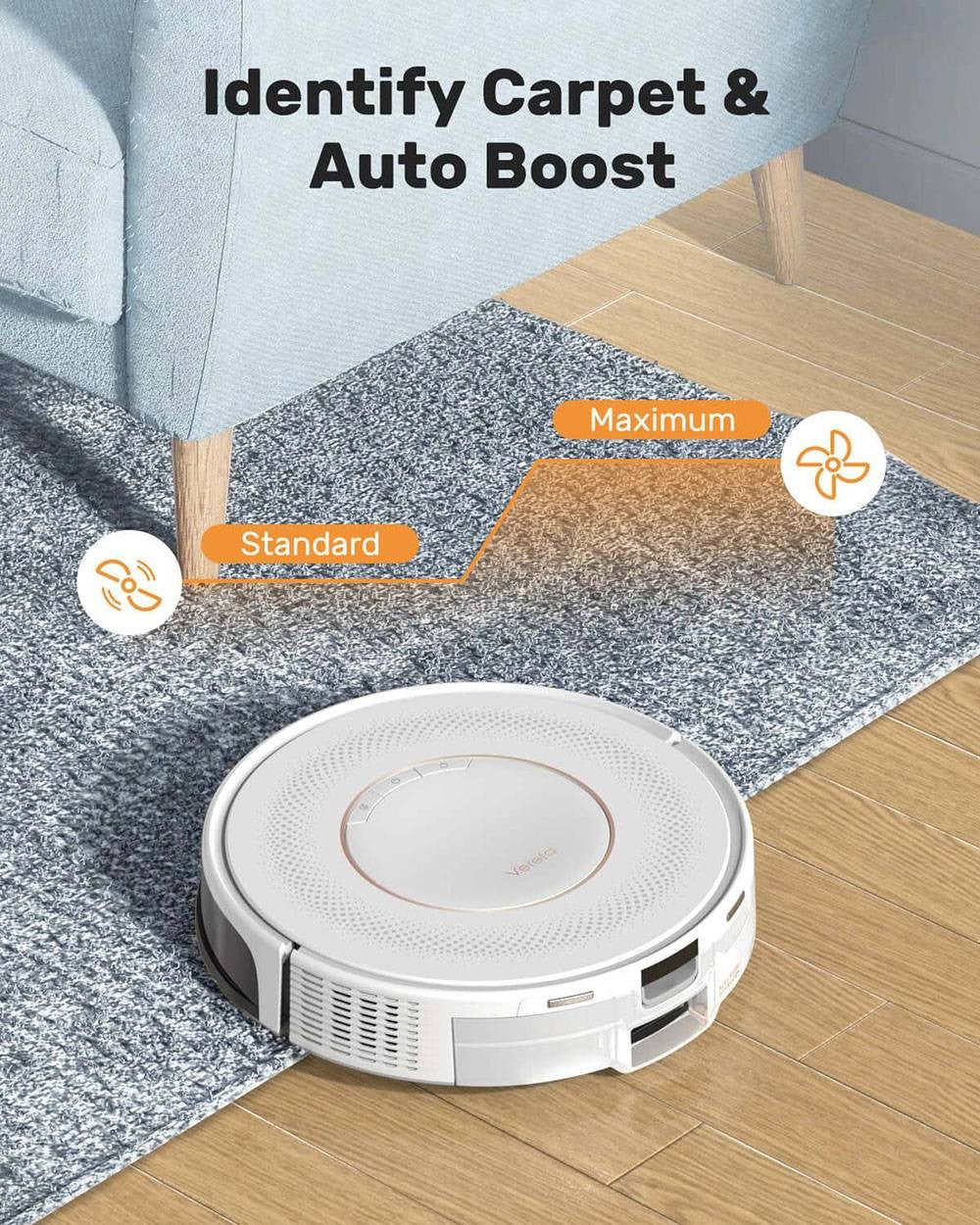 Robotický vysavač Verefa V60 Pro, samovyprazdňování, sací tlak 3200 Pa, sáček na prach o objemu 2 l, tiché čištění, chytrá navigace 2.0, maximální doba provozu 150 minut, aplikace/dálkové ovládání - bílý