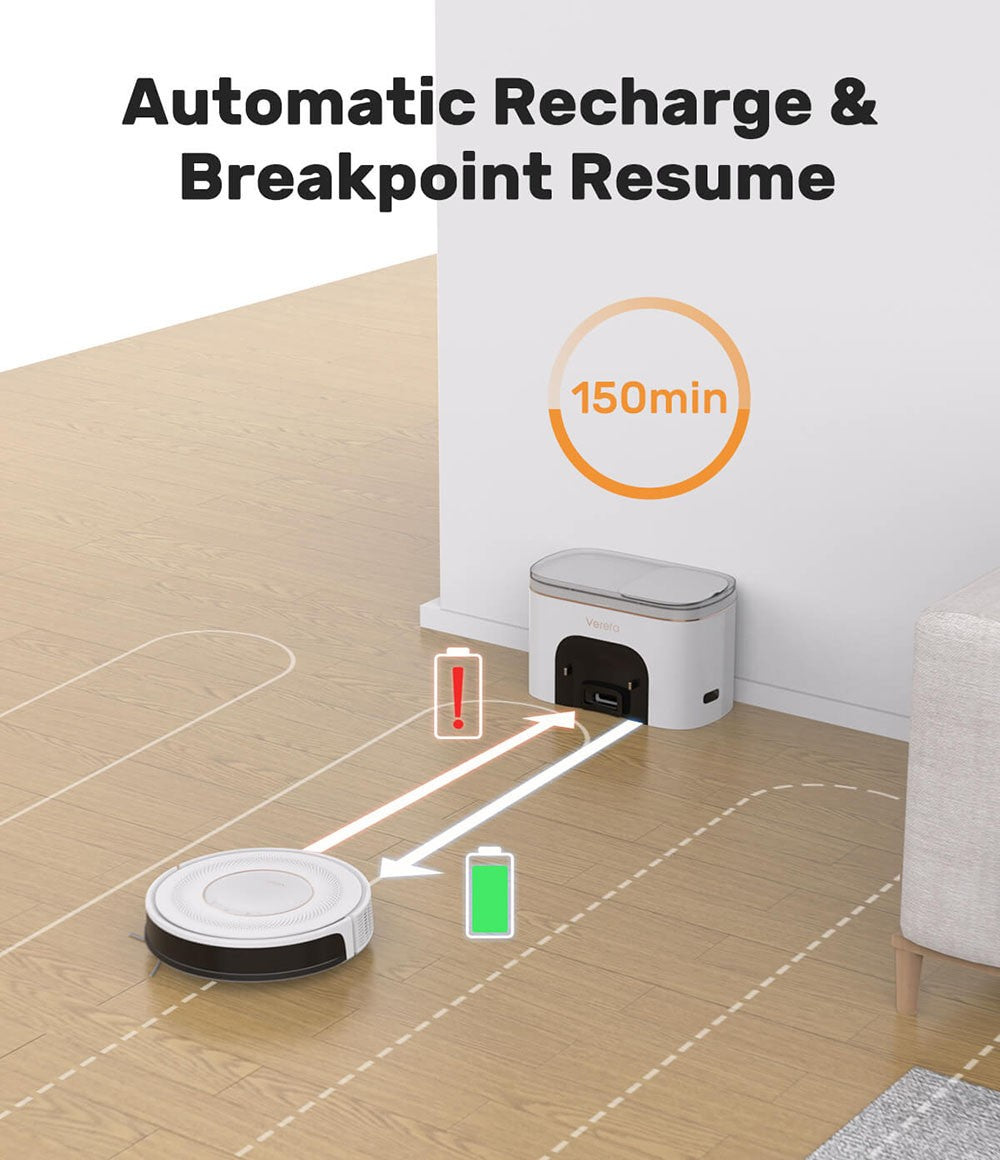 Robotický vysavač Verefa V60 Pro, samovyprazdňování, sací tlak 3200 Pa, sáček na prach o objemu 2 l, tiché čištění, chytrá navigace 2.0, maximální doba provozu 150 minut, aplikace/dálkové ovládání - bílý