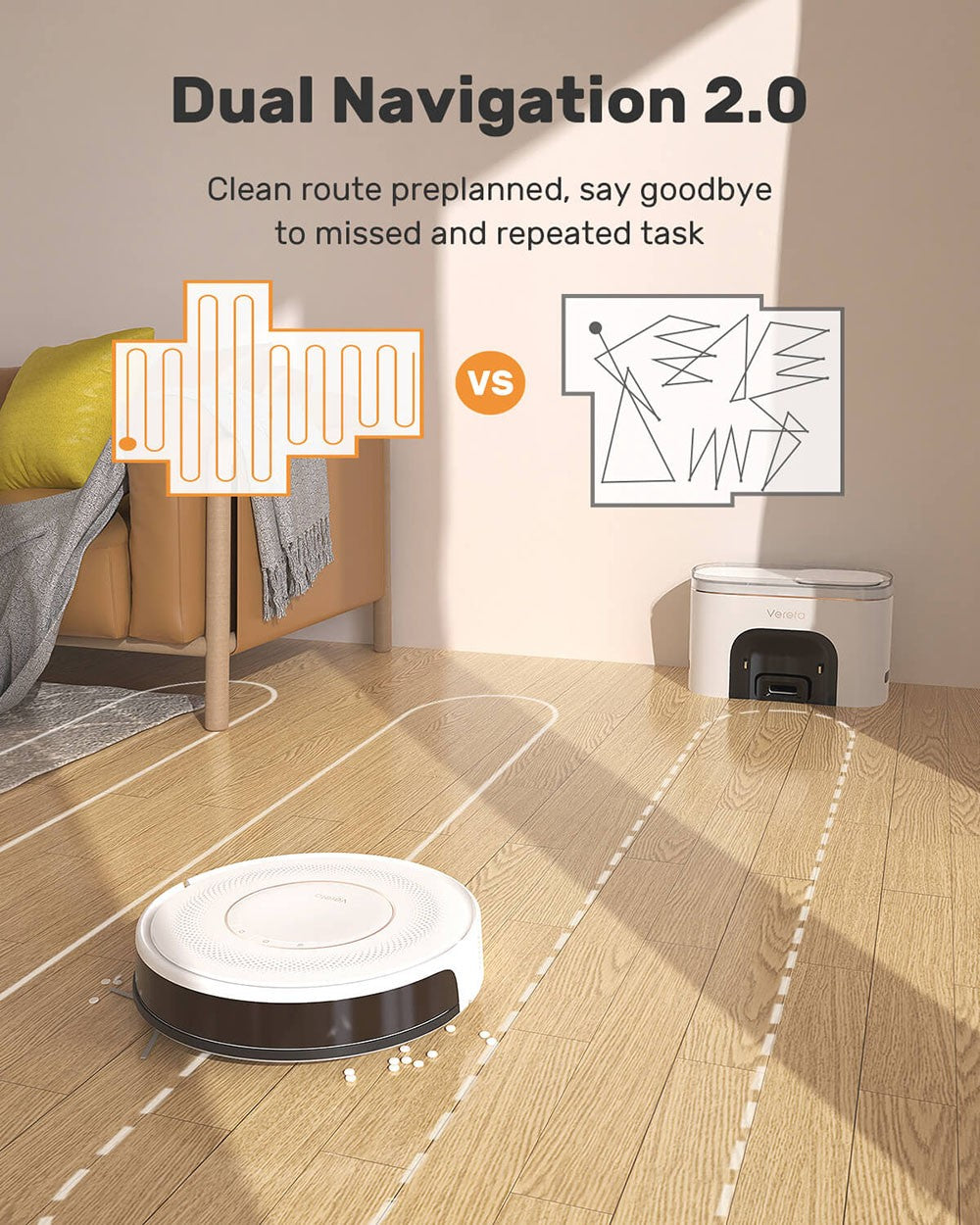 Robotický vysavač Verefa V60 Pro, samovyprazdňování, sací tlak 3200 Pa, sáček na prach o objemu 2 l, tiché čištění, chytrá navigace 2.0, maximální doba provozu 150 minut, aplikace/dálkové ovládání - bílý