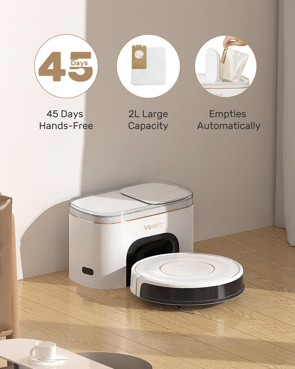 Robotický vysavač Verefa V60 Pro, samovyprazdňování, sací tlak 3200 Pa, sáček na prach o objemu 2 l, tiché čištění, chytrá navigace 2.0, maximální doba provozu 150 minut, aplikace/dálkové ovládání - bílý