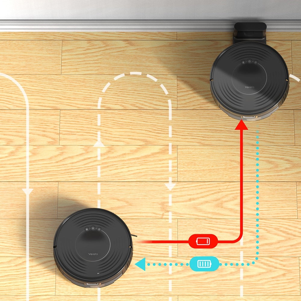 Robotický vysavač Verefa V60m Lite, maximální sací výkon 2700 Pa, vysávání a vytírání 2 v 1, nádoba na prach 250 ml, max. doba provozu 150 minut, ovládání aplikací/hlasem - černý