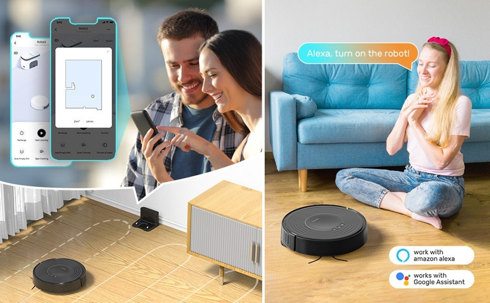 Robotický vysavač Verefa V60m Lite, maximální sací výkon 2700 Pa, vysávání a vytírání 2 v 1, nádoba na prach 250 ml, max. doba provozu 150 minut, ovládání aplikací/hlasem - černý