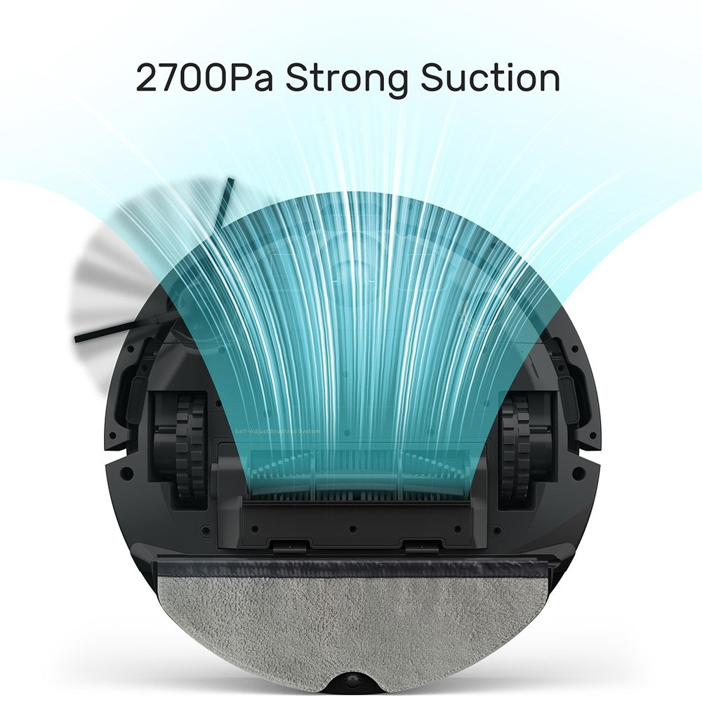 Robotický vysavač Verefa V60m Lite, maximální sací výkon 2700 Pa, vysávání a vytírání 2 v 1, nádoba na prach 250 ml, max. doba provozu 150 minut, ovládání aplikací/hlasem - černý