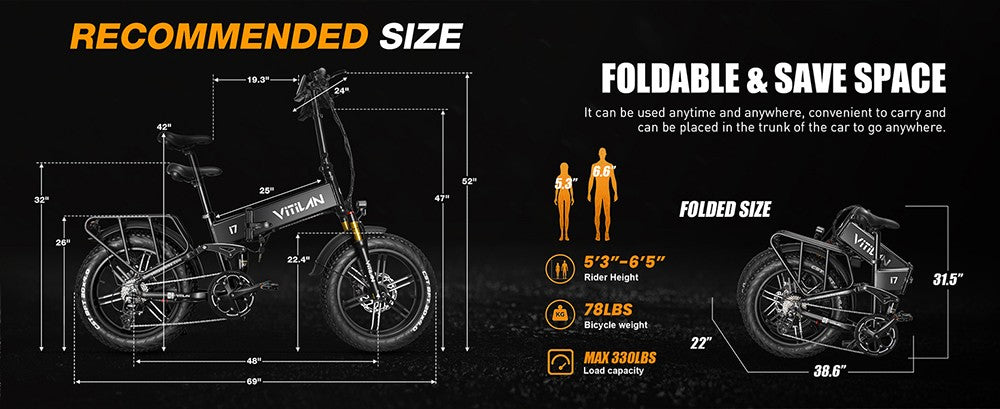 Elektrokolo Vitilan I7 Pro 3.0, motor 750 W, baterie 48 V 20 Ah, tlusté pneumatiky 20 x 4,0 palce, maximální rychlost 45 km/h, maximální dojezd 110 km, hydraulické kotoučové brzdy, hydraulický zadní tlumič, vzduchové odpružení přední vidlice, Shimano 8 rychlostí - černé