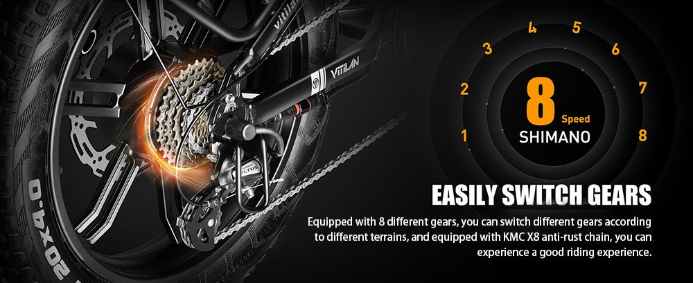 Elektrokolo Vitilan I7 Pro 3.0, motor 750 W, baterie 48 V 20 Ah, tlusté pneumatiky 20 x 4,0 palce, maximální rychlost 45 km/h, maximální dojezd 110 km, hydraulické kotoučové brzdy, hydraulický zadní tlumič, vzduchové odpružení přední vidlice, Shimano 8 rychlostí - černé