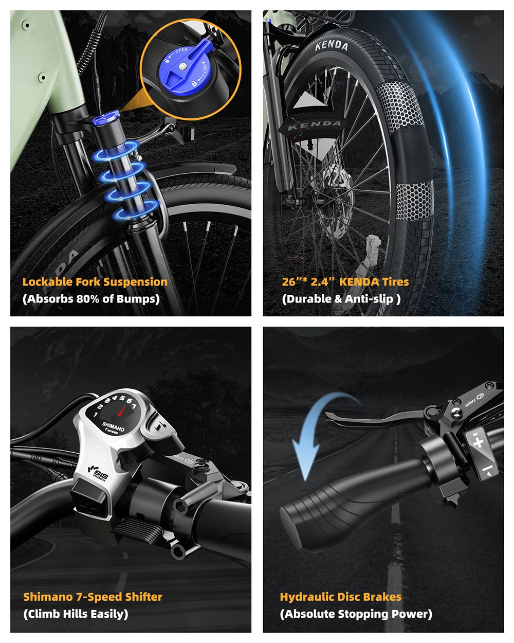 Elektrokolo Vitilan L5, motor 500 W, baterie 48 V 15 Ah, pneumatiky 26 x 2,4 palce, maximální rychlost 40 km/h, dojezd 105 km, hydraulické kotoučové brzdy, nastavitelná odpružená vidlice, řazení Shimano 7 rychlostí, inteligentní barevný displej - zelený