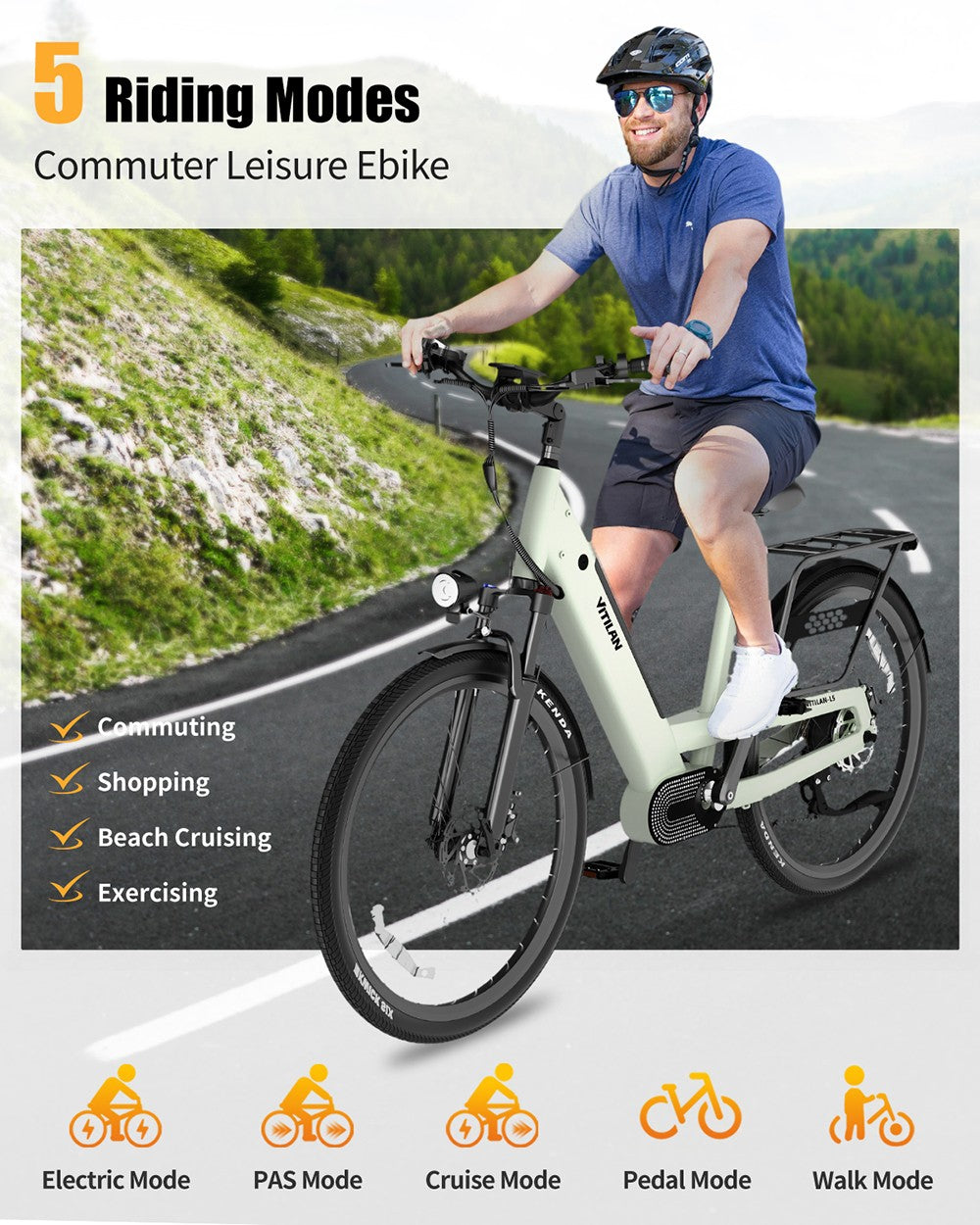 Elektrokolo Vitilan L5, motor 500 W, baterie 48 V 15 Ah, pneumatiky 26 x 2,4 palce, maximální rychlost 40 km/h, dojezd 105 km, hydraulické kotoučové brzdy, nastavitelná odpružená vidlice, řazení Shimano 7 rychlostí, inteligentní barevný displej - zelený