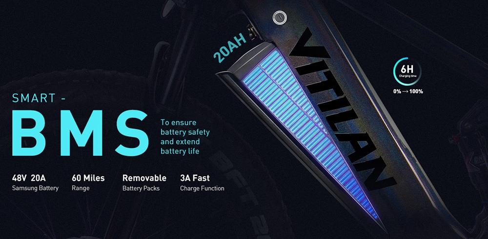 Horské elektrické kolo Vitilan T7, 26*4,0palcové pneumatiky CST Fat, motor Bafang 750 W, 48 V, 20 Ah, baterie, maximální rychlost 45 km/h, dojezd 128 km, podsvícený LCD displej, přední a zadní hydraulické kotoučové brzdy SHIMANO, 8 rychlostí - černé
