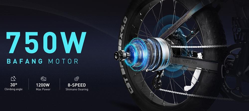 Horské elektrické kolo Vitilan T7, 26*4,0palcové pneumatiky CST Fat, motor Bafang 750 W, 48 V, 20 Ah, baterie, maximální rychlost 45 km/h, dojezd 128 km, podsvícený LCD displej, přední a zadní hydraulické kotoučové brzdy SHIMANO, 8 rychlostí - černé