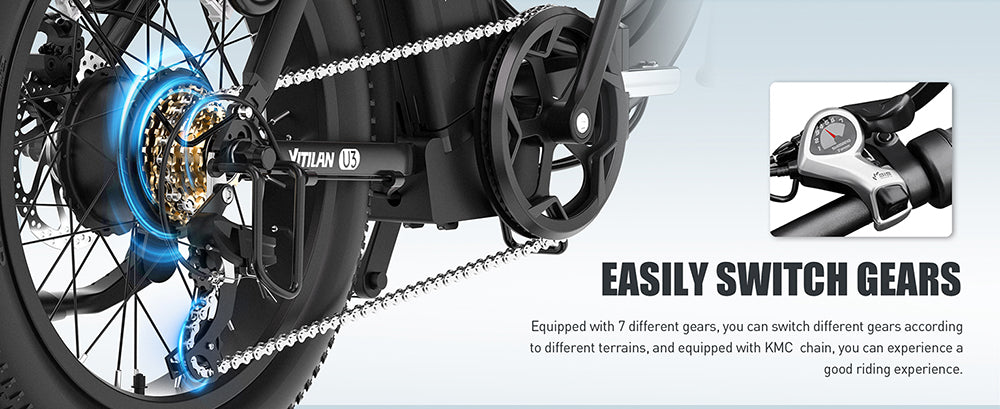 Elektrokolo Vitilan U3, motor 750 W, baterie 48 V 13 Ah, pneumatiky 20 x 4,0 palce, maximální rychlost 45 km/h, maximální dojezd 65 km, mechanická kotoučová brzda, odpružená přední vidlice, řazení Shimano 7 rychlostí, LCD displej - černé