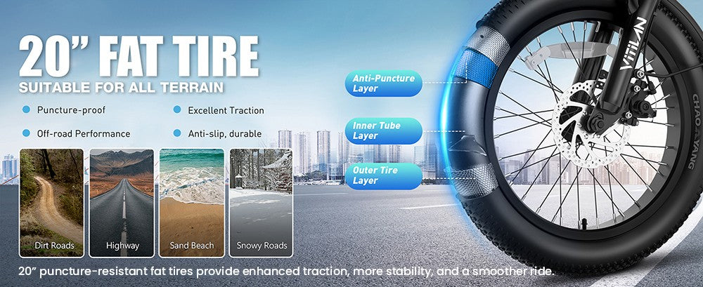 Elektrokolo Vitilan U3, motor 750 W, baterie 48 V 13 Ah, pneumatiky 20 x 4,0 palce, maximální rychlost 45 km/h, maximální dojezd 65 km, mechanická kotoučová brzda, odpružená přední vidlice, řazení Shimano 7 rychlostí, LCD displej - černé