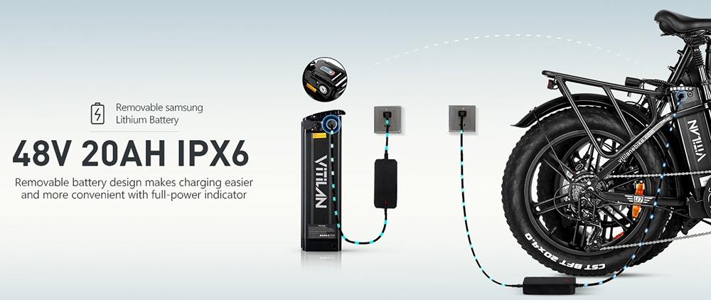 Skládací elektrické kolo Vitilan U7 2.0, 20*4,0palcové tlusté pneumatiky, motor 750 W, 48 V 20 Ah, vyjímatelná lithiová baterie LG, maximální rychlost 45 km/h, dojezd 80–100 km, dvojitý systém odpružení, hydraulická kotoučová brzda – černá