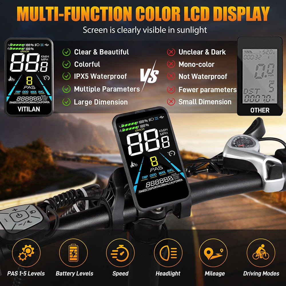 Elektrokolo Vitilan V3 2.0, motor 750 W, baterie 48 V 13 Ah, tlusté pneumatiky CST 26*4,0 palce, maximální rychlost 45 km/h, dojezd 73 km, hydraulické kotoučové brzdy, odpružená přední vidlice, řazení Shimano 7 rychlostí, barevný displej - černý