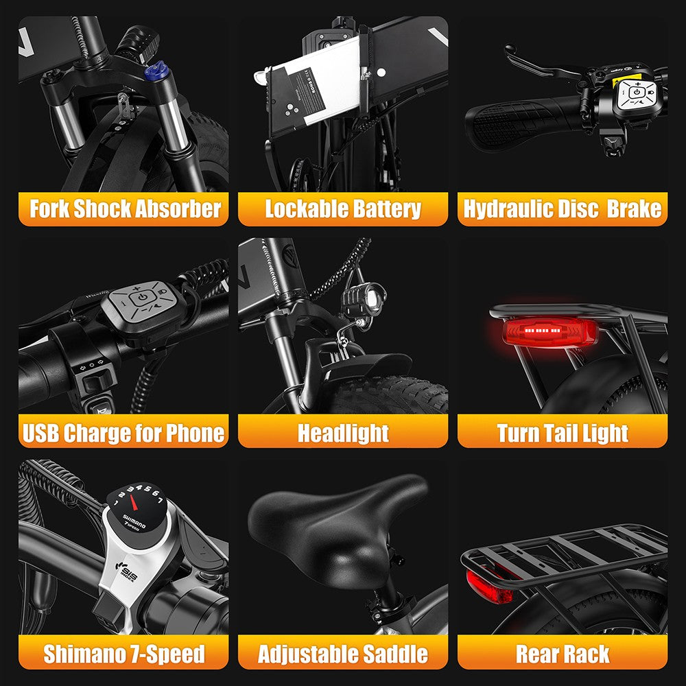 Elektrokolo Vitilan V3 2.0, motor 750 W, baterie 48 V 13 Ah, tlusté pneumatiky CST 26*4,0 palce, maximální rychlost 45 km/h, dojezd 73 km, hydraulické kotoučové brzdy, odpružená přední vidlice, řazení Shimano 7 rychlostí, barevný displej - černý