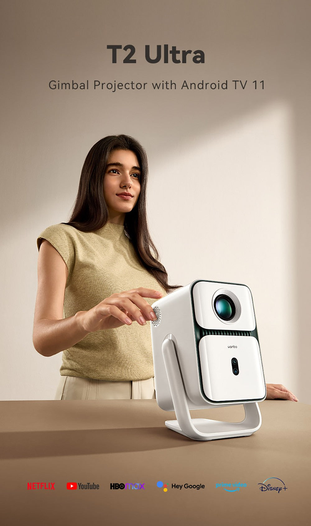 Projektor Wanbo T2 Ultra, Android TV 11, 500 ANSI, nativní rozlišení 1080p, otočný stojan o 120°, automatické ostření a korekce lichoběžníkového zkreslení, dvoupásmová WiFi, 2x5W reproduktor