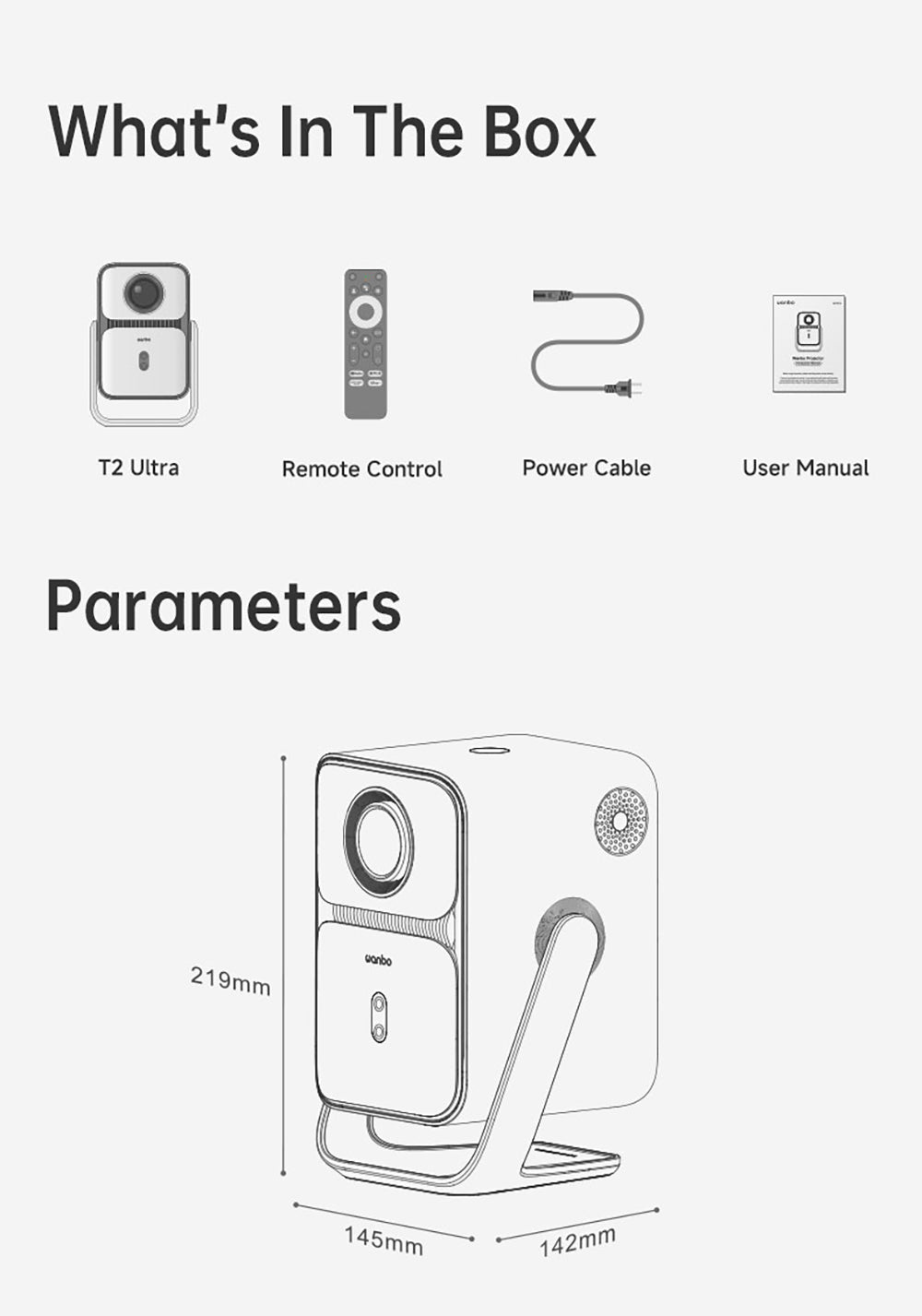 Projektor Wanbo T2 Ultra, Android TV 11, 500 ANSI, nativní rozlišení 1080p, otočný stojan o 120°, automatické ostření a korekce lichoběžníkového zkreslení, dvoupásmová WiFi, 2x5W reproduktor