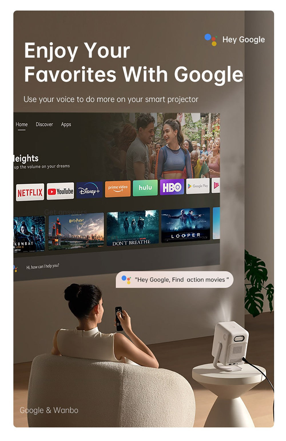 Projektor Wanbo T2 Ultra, Android TV 11, 500 ANSI, nativní rozlišení 1080p, otočný stojan o 120°, automatické ostření a korekce lichoběžníkového zkreslení, dvoupásmová WiFi, 2x5W reproduktor