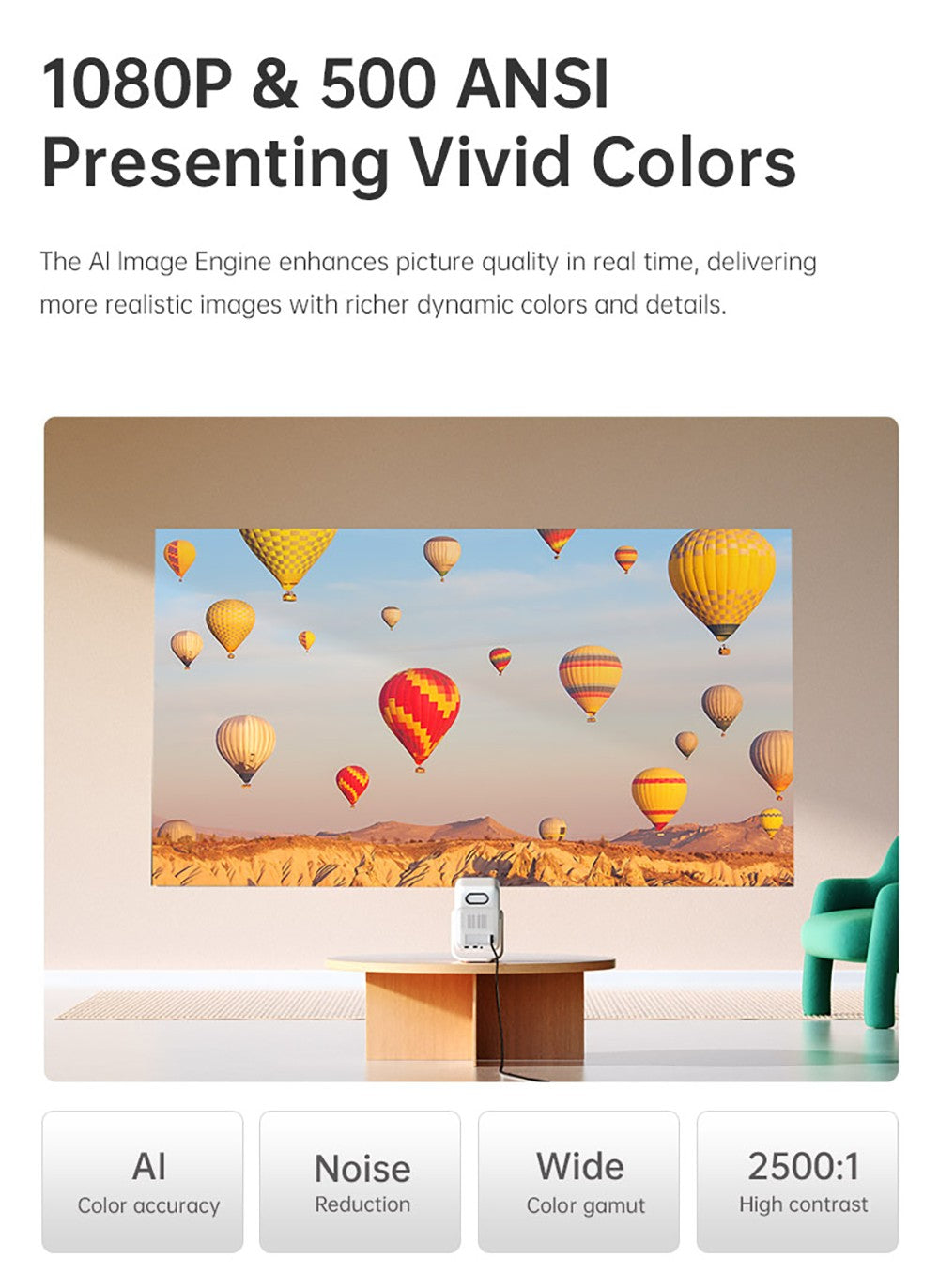 Projektor Wanbo T2 Ultra, Android TV 11, 500 ANSI, nativní rozlišení 1080p, otočný stojan o 120°, automatické ostření a korekce lichoběžníkového zkreslení, dvoupásmová WiFi, 2x5W reproduktor