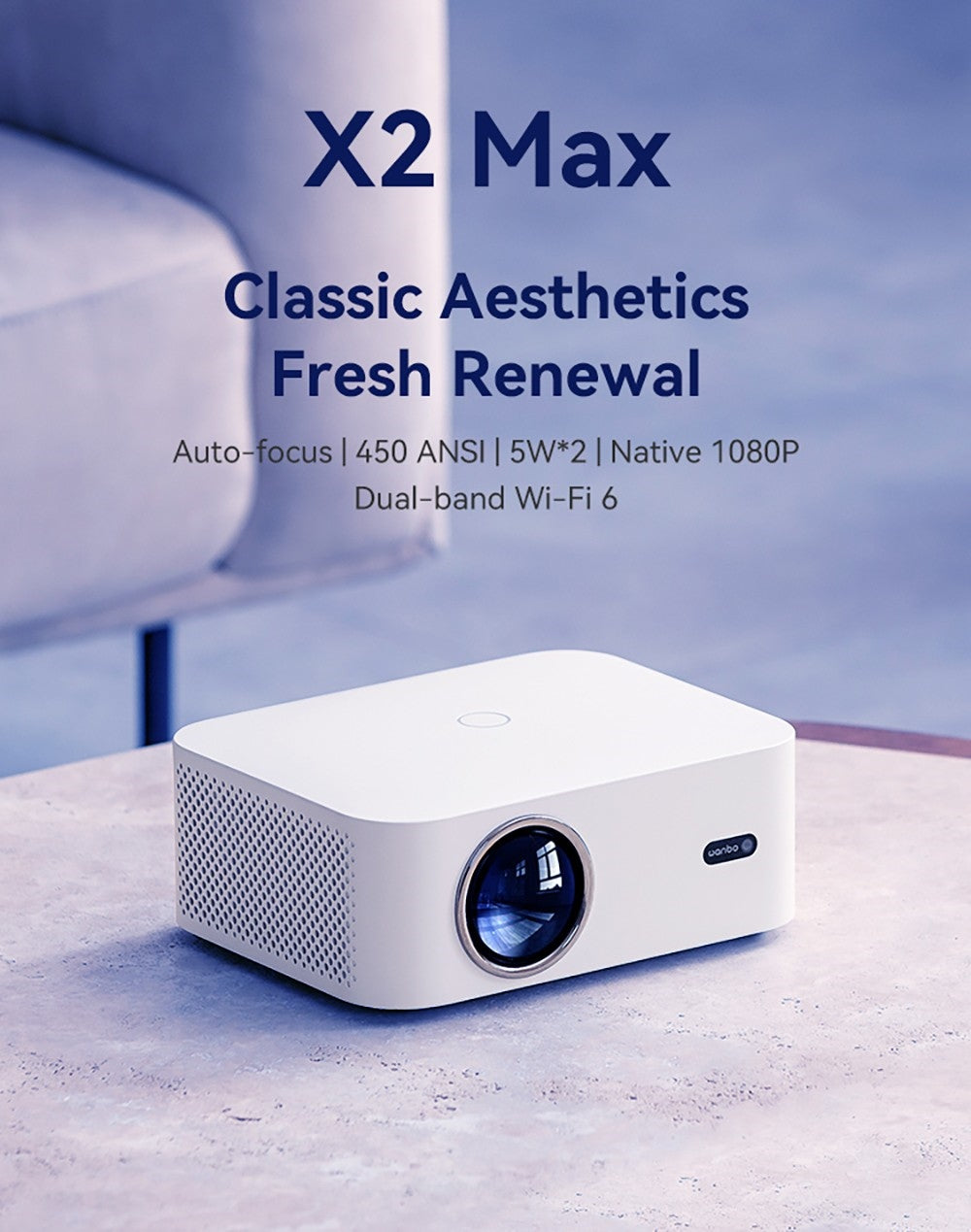 Projektor WANBO X2 Max, 1080P, Android 9.0, dvoupásmové Wi-Fi 6, Bluetooth 5.0, automatické ostření, čtyřsměrná korekce lichoběžníkového zkreslení