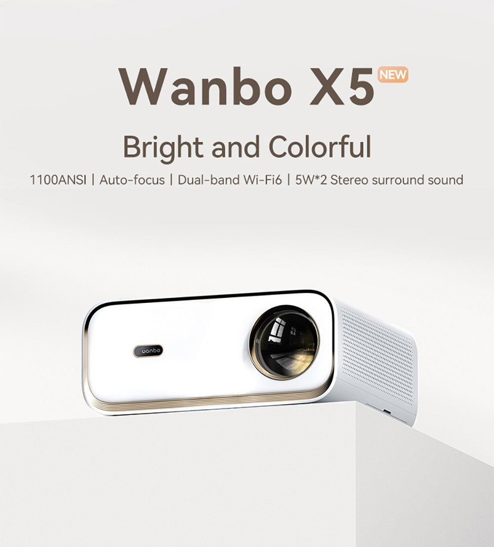 Projektor Wanbo X5, 1100 ANSI lumenů, Nativní rozlišení 1080P, automatická korekce lichoběžníkového zkreslení, dvoupásmové WiFi 6, 1 GB/16 GB, Bluetooth 5.0