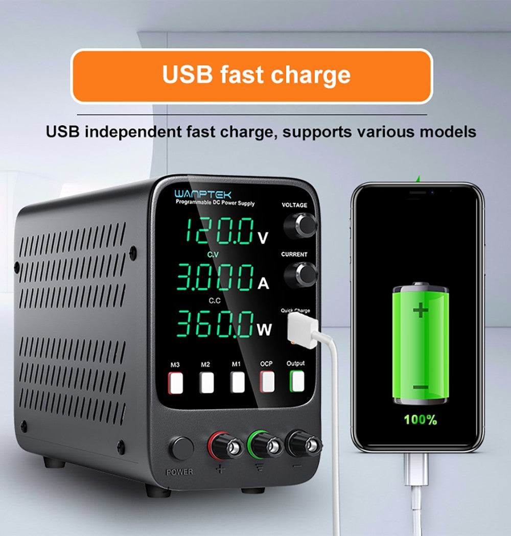 Programovatelný regulovaný stejnosměrný napájecí zdroj WANPTEK APS1203H, 120 V 3 A, funkce paměti, nastavení enkodéru, rychlé nabíjení přes USB, 4místný displej, nízké zvlnění, chladicí ventilátor - zástrčka pro Velkou Británii