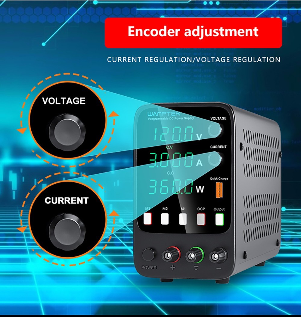 Programovatelný regulovaný stejnosměrný napájecí zdroj WANPTEK APS1203H, 120 V 3 A, funkce paměti, nastavení enkodéru, rychlé nabíjení přes USB, 4místný displej, nízké zvlnění, chladicí ventilátor - zástrčka pro Velkou Británii