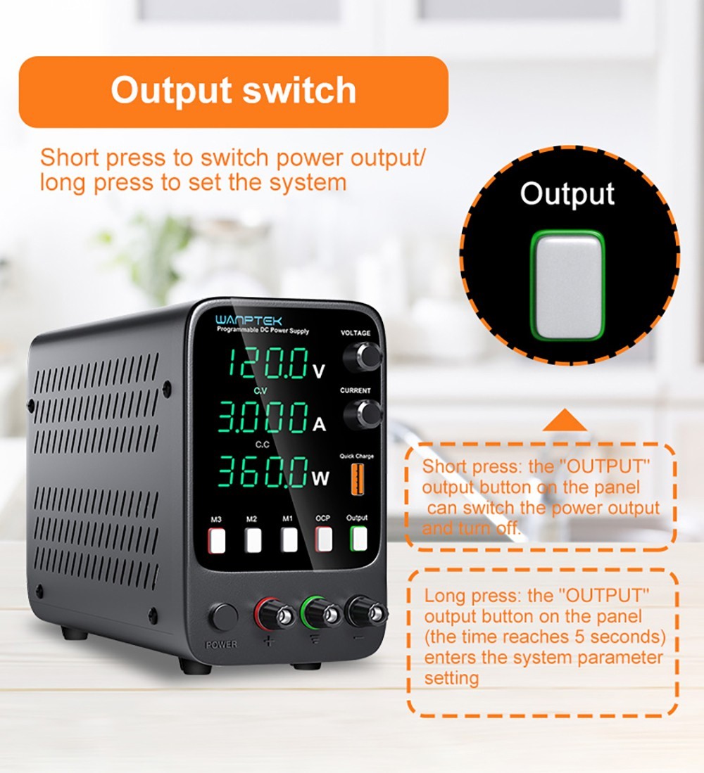 Programovatelný regulovaný stejnosměrný napájecí zdroj WANPTEK APS1203H, 120 V 3 A, funkce paměti, nastavení enkodéru, rychlé nabíjení přes USB, 4místný displej, nízké zvlnění, chladicí ventilátor - zástrčka pro Velkou Británii