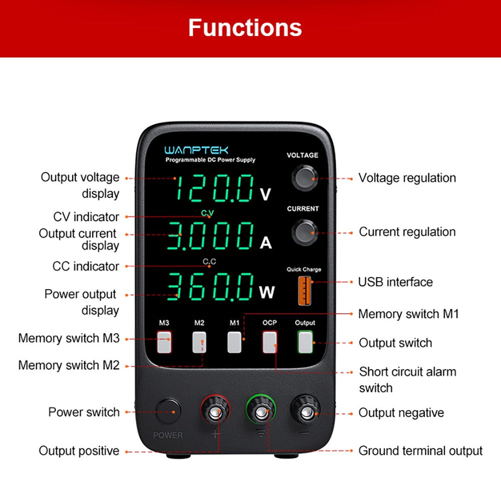 Programovatelný regulovaný stejnosměrný napájecí zdroj WANPTEK APS1203H, 120 V 3 A, funkce paměti, nastavení enkodéru, rychlé nabíjení přes USB, 4místný displej, nízké zvlnění, chladicí ventilátor - zástrčka pro Velkou Británii