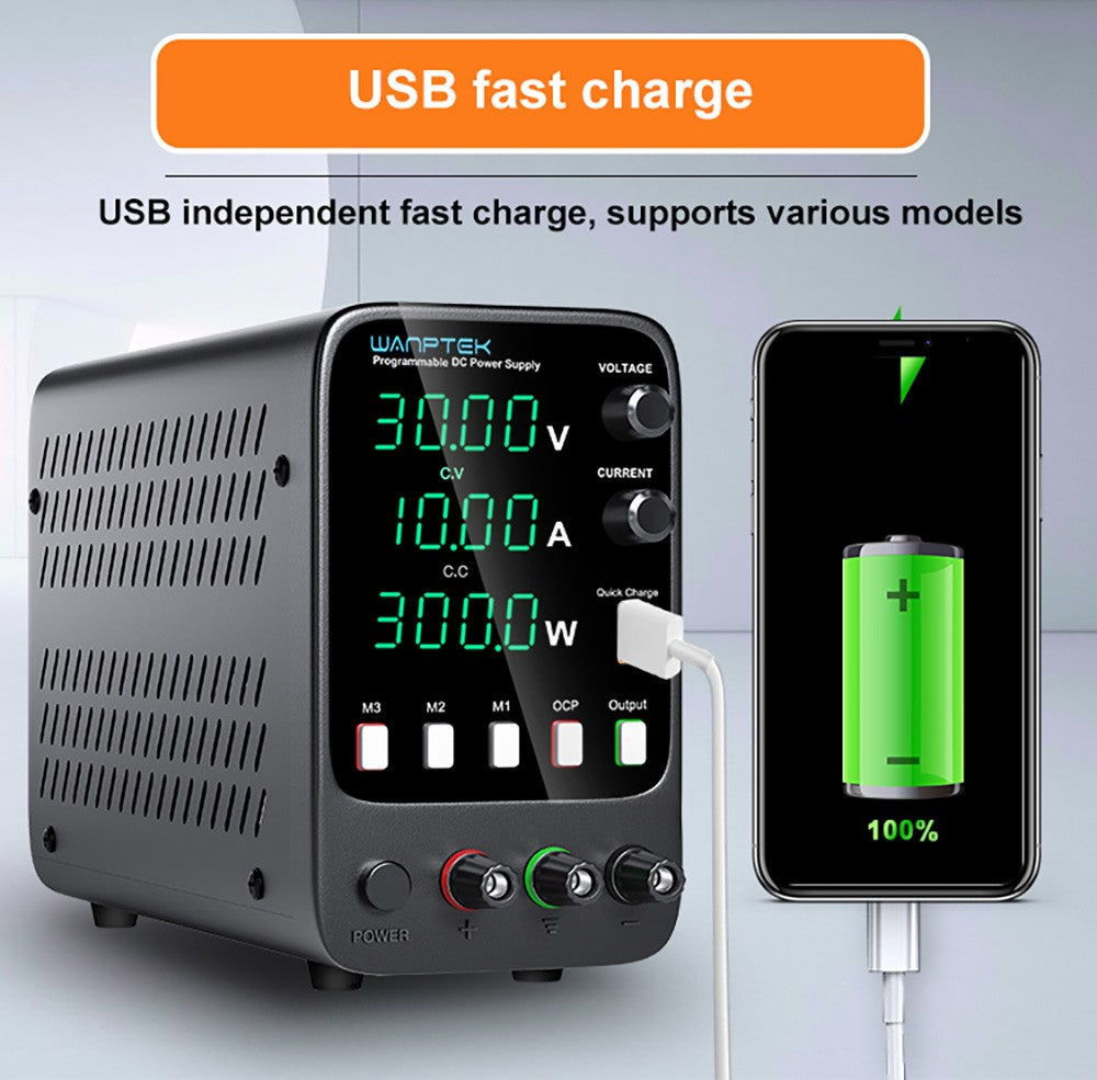 Programovatelný regulovaný stejnosměrný napájecí zdroj WANPTEK APS3010H, 30V 10A, funkce paměti, nastavení enkodéru, rychlé nabíjení přes USB, 4místný displej, nízké zvlnění, chladicí ventilátor - americká zástrčka