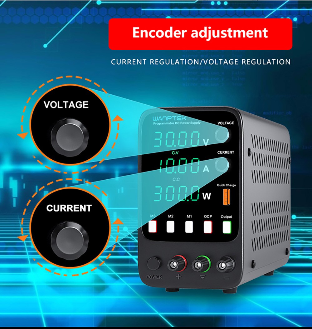 Programovatelný regulovaný stejnosměrný napájecí zdroj WANPTEK APS3010H, 30V 10A, funkce paměti, nastavení enkodéru, rychlé nabíjení přes USB, 4místný displej, nízké zvlnění, chladicí ventilátor - americká zástrčka