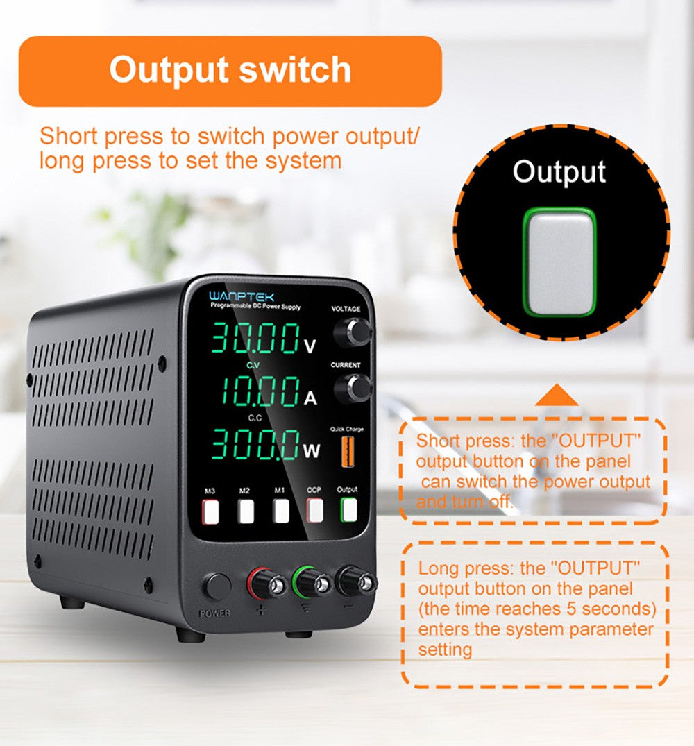 Programovatelný regulovaný stejnosměrný napájecí zdroj WANPTEK APS3010H, 30V 10A, funkce paměti, nastavení enkodéru, rychlé nabíjení přes USB, 4místný displej, nízké zvlnění, chladicí ventilátor - americká zástrčka