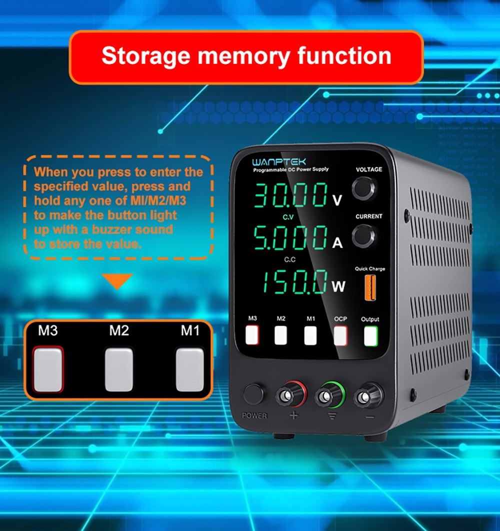 Programovatelný regulovaný stejnosměrný napájecí zdroj Wanptek APS305H, 30V 5A, funkce paměti, nastavení enkodéru, rychlé nabíjení přes USB, 4místný displej, nízké zvlnění, chladicí ventilátor, černý - zástrčka EU