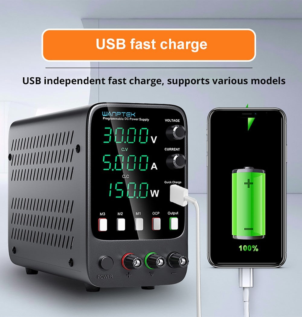 Programovatelný regulovaný stejnosměrný napájecí zdroj Wanptek APS305H, 30V 5A, funkce paměti, nastavení enkodéru, rychlé nabíjení přes USB, 4místný displej, nízké zvlnění, chladicí ventilátor, černý - zástrčka EU