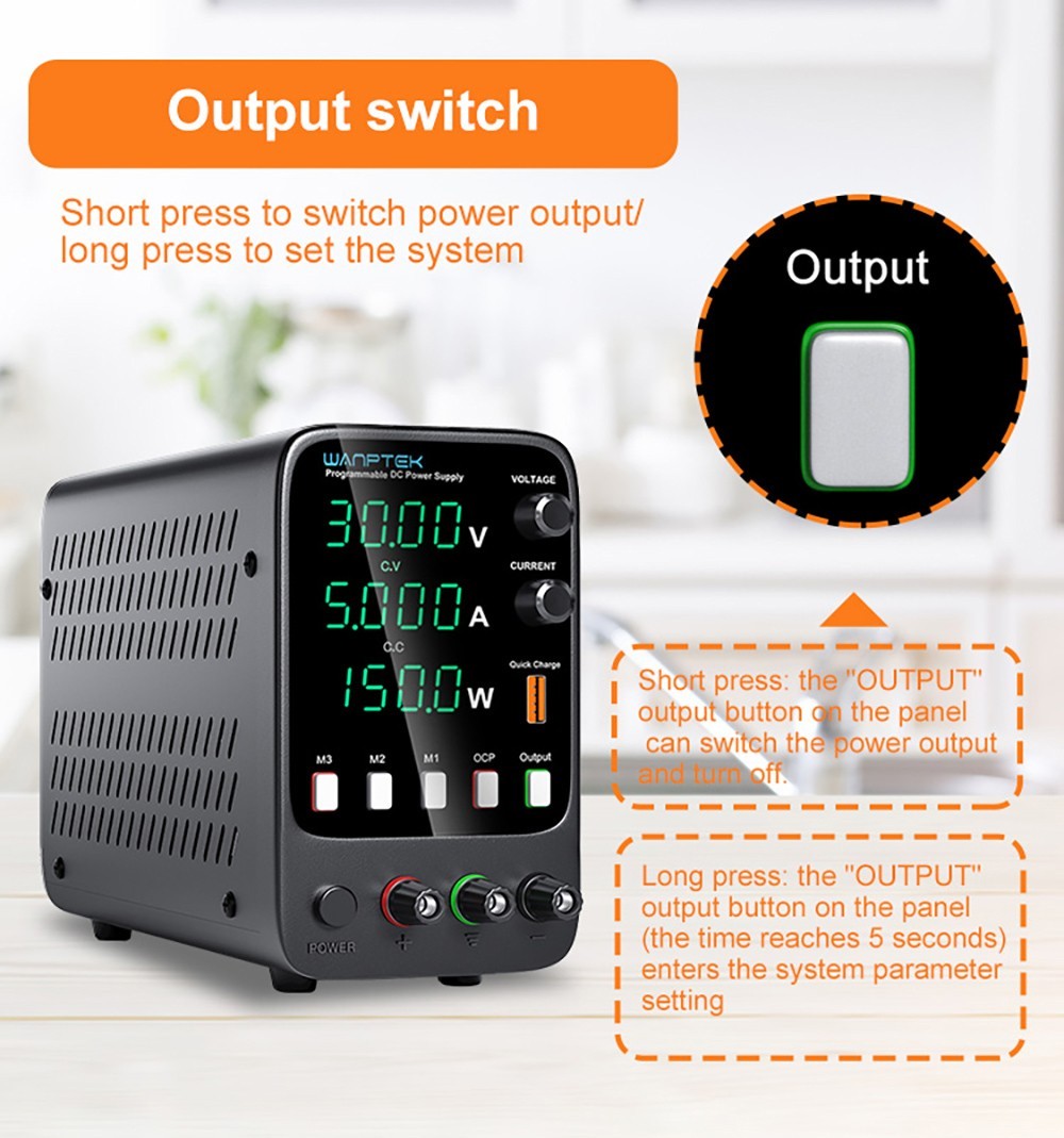 Programovatelný regulovaný stejnosměrný napájecí zdroj Wanptek APS305H, 30V 5A, funkce paměti, nastavení enkodéru, rychlé nabíjení přes USB, 4místný displej, nízké zvlnění, chladicí ventilátor, černý - zástrčka EU