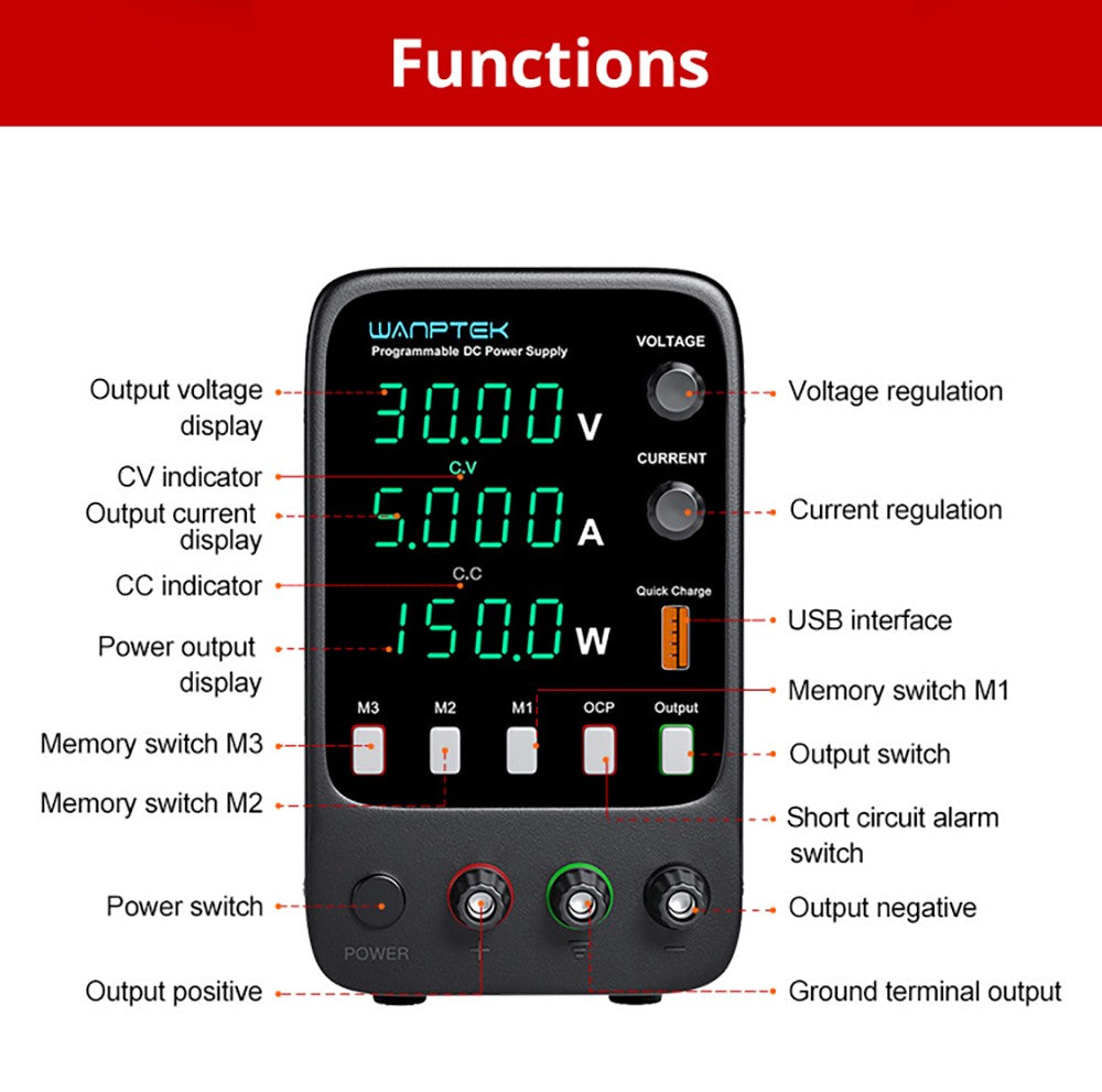 Programovatelný regulovaný stejnosměrný napájecí zdroj Wanptek APS305H, 30V 5A, funkce paměti, nastavení enkodéru, rychlé nabíjení přes USB, 4místný displej, nízké zvlnění, chladicí ventilátor, černý - zástrčka EU