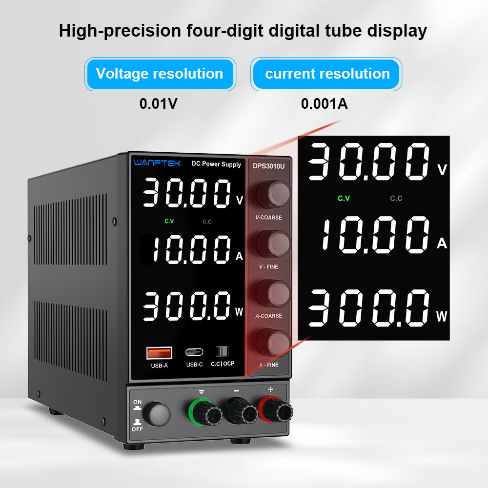 WANPTEK DPS3010U Tranzistorový nastavitelný regulovaný stejnosměrný napájecí zdroj, 30V 10A, nastavení enkodéru, rychlé nabíjení přes USB typu C, 4místný displej, nízké zvlnění, nízká hlučnost, chladicí ventilátor, černý - zástrčka pro Velkou Británii