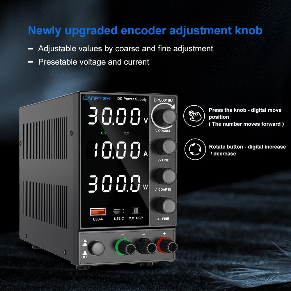 WANPTEK DPS3010U Tranzistorový nastavitelný regulovaný stejnosměrný napájecí zdroj, 30V 10A, nastavení enkodéru, rychlé nabíjení přes USB typu C, 4místný displej, nízké zvlnění, nízká hlučnost, chladicí ventilátor, černý - zástrčka pro Velkou Británii